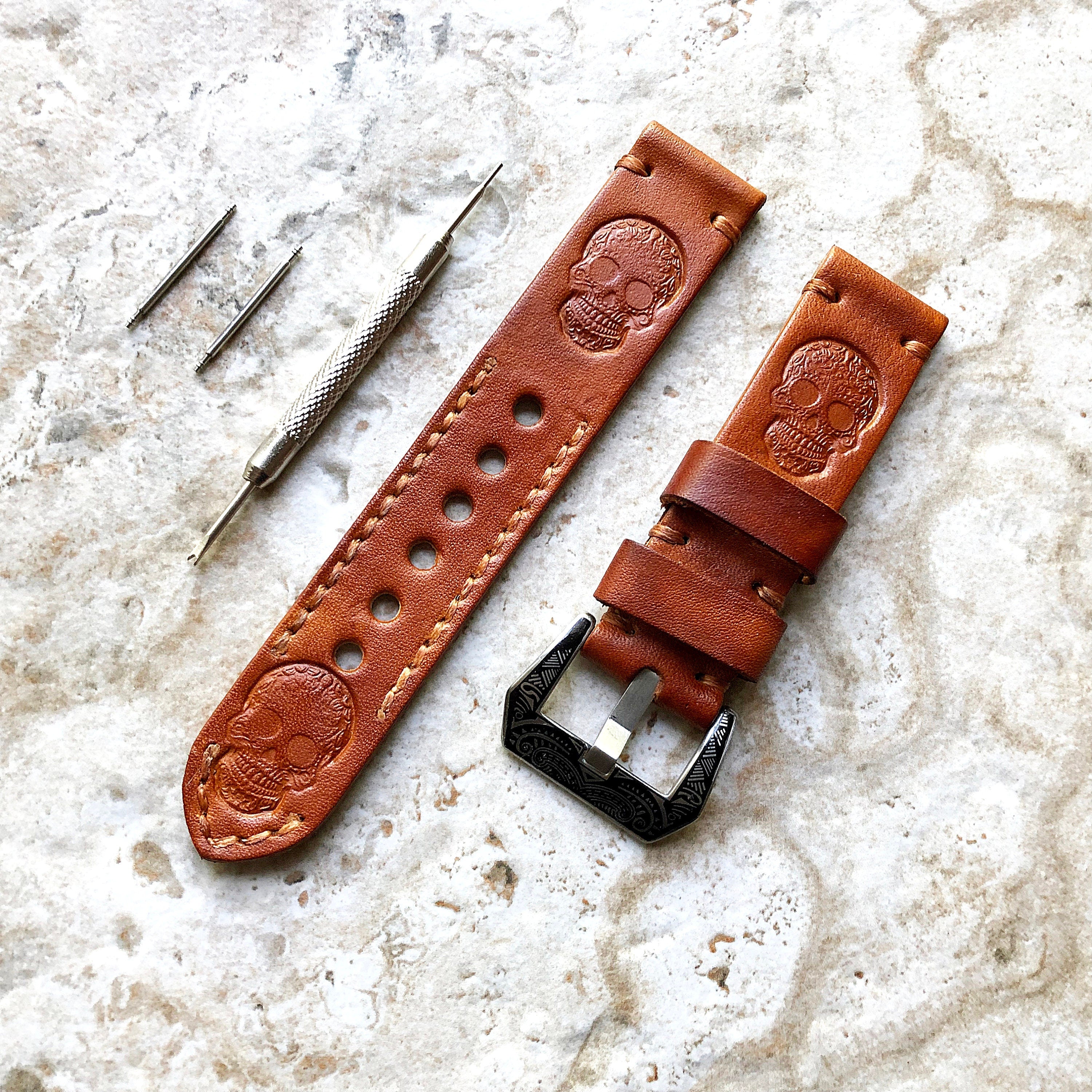 Fancy Skull Band 22mm 24mm 25mm Tooled Embossed Genuine Leather Compatible with Apple Watch Fitbit Versa 2 3 4 Sense 2 Ionic Handmade Strap